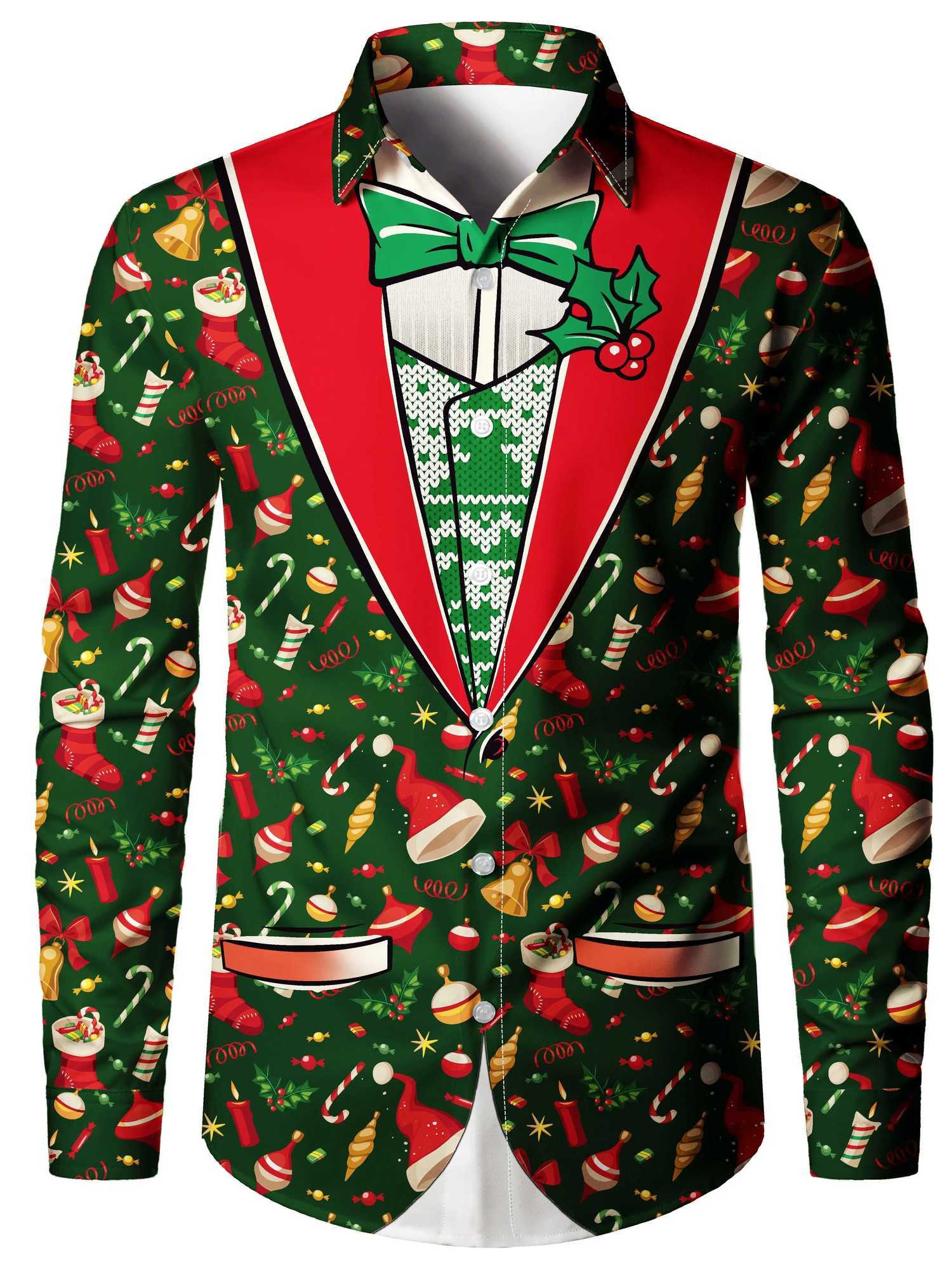 Christmas themed mens fake suit tail suit printed formal shirt Christmas graphic long sleeved fashionable mens shirt W250312