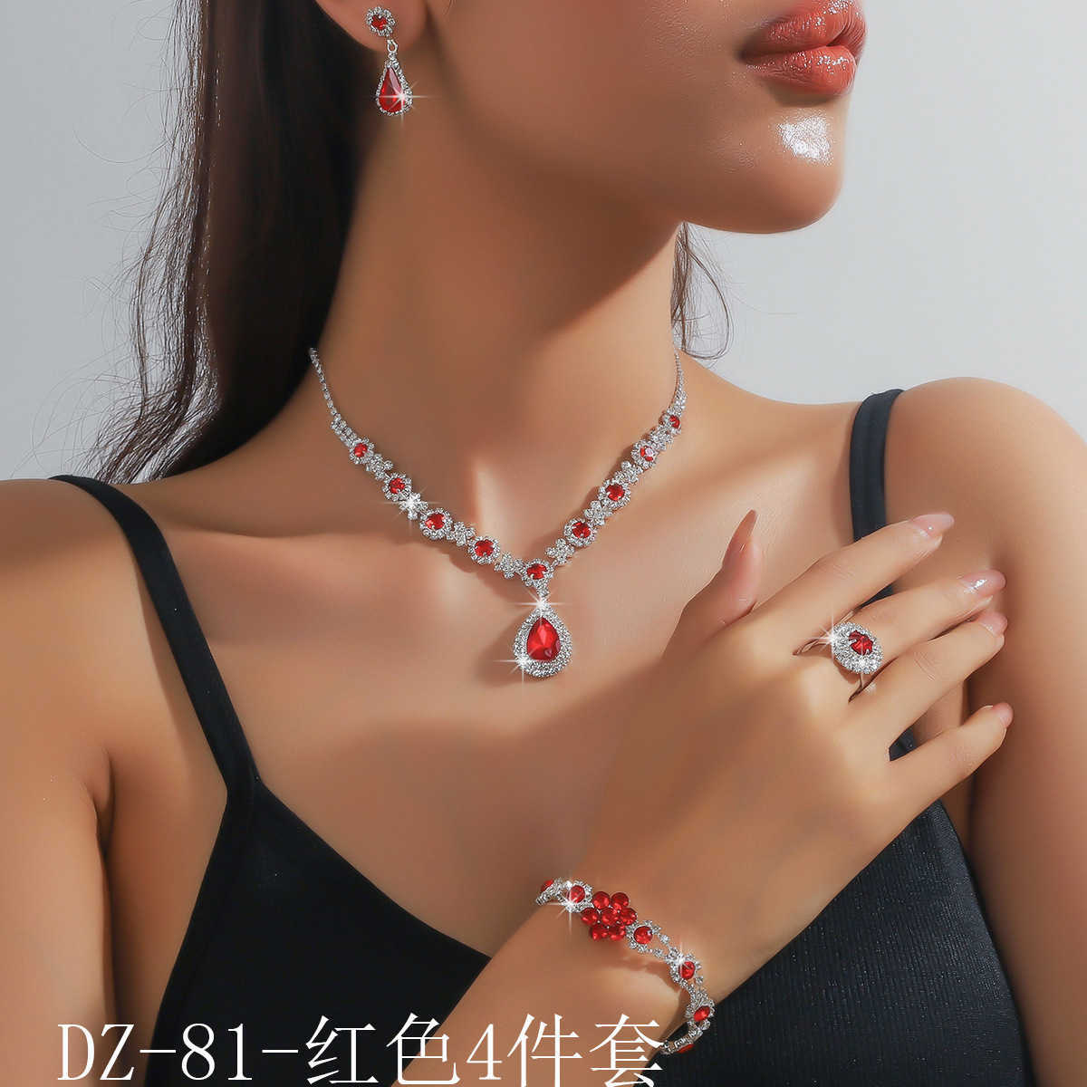 Fashionable green blue and red multicolored rhinestone crystal necklace earrings bracelets rings four piece set W250312