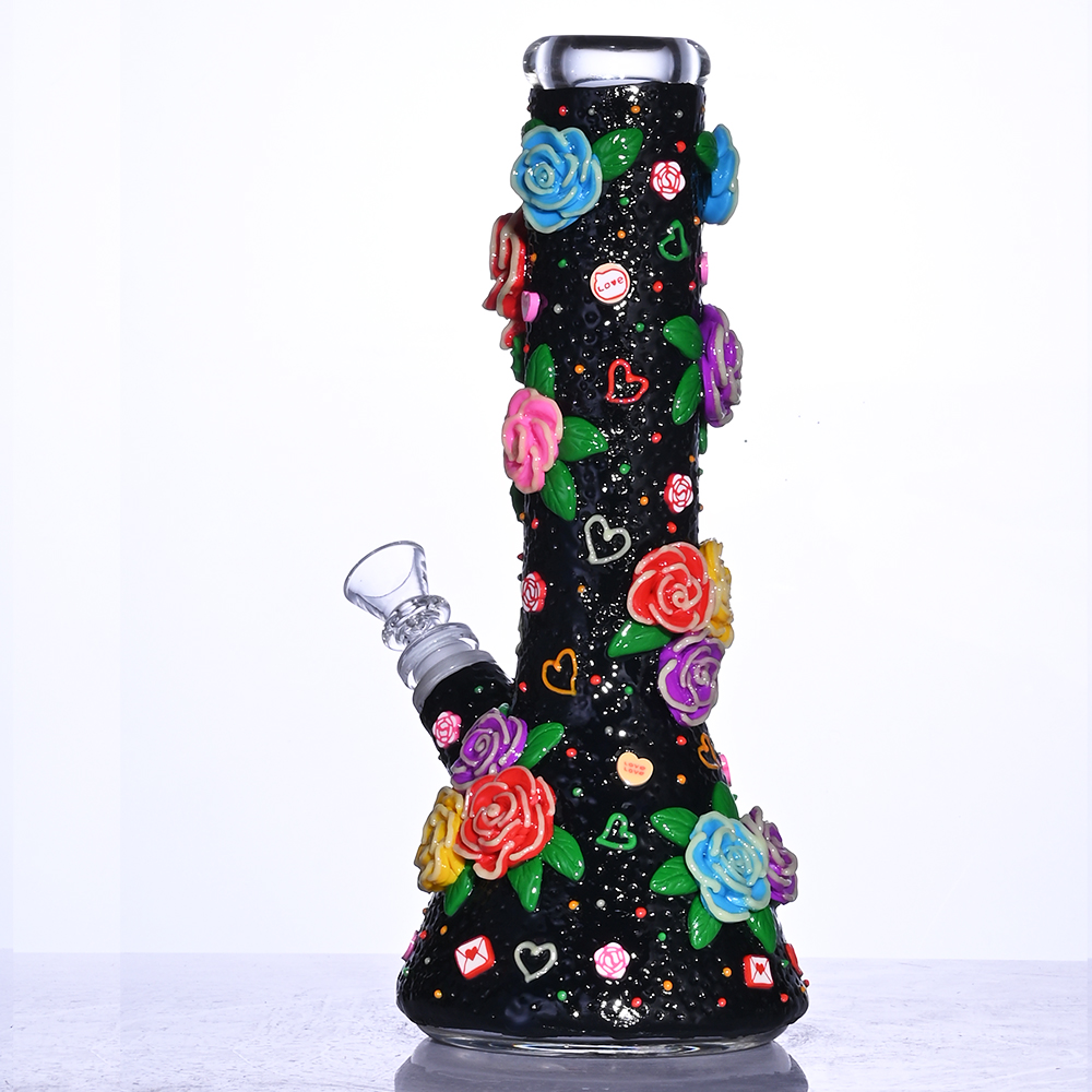 Glass Beaker Bong With Cute Rose & Love,Flowers With Glow In Dark,Borosilicate Glass Water Pipe,Glass Hookah,Polymer Clay Glass Smoking Item With Flow