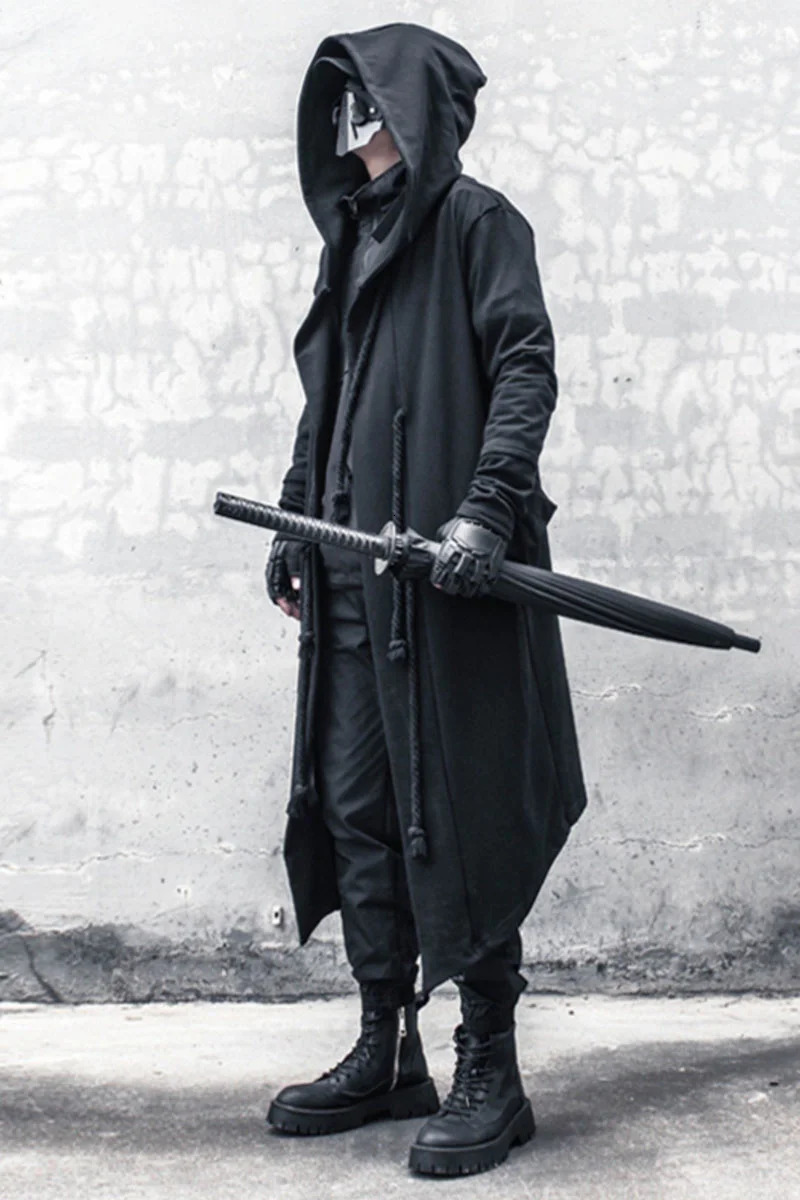 Ares Male Trendy Spring and Autumn Dark Suit Warrior Large Size Windproof Gothic Long Coat Punk Cloak Hooded Wizard 250312