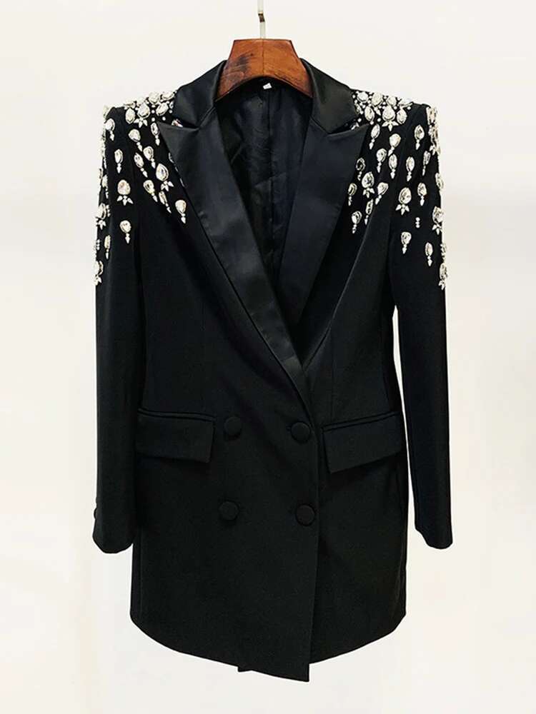 DEAT Fashion Women's Blazer Dia Shoulder Pad Double Breasted Pockets Split Long Style Suit Jackets Winter 2024 New 7Ab2553