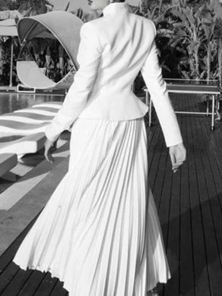 TWOTWINSTYLE Solid Two Piece For Women Stand Collar Long Sleeve Spliced Button Tops High Waist Skirt Chic Set Female Fashion