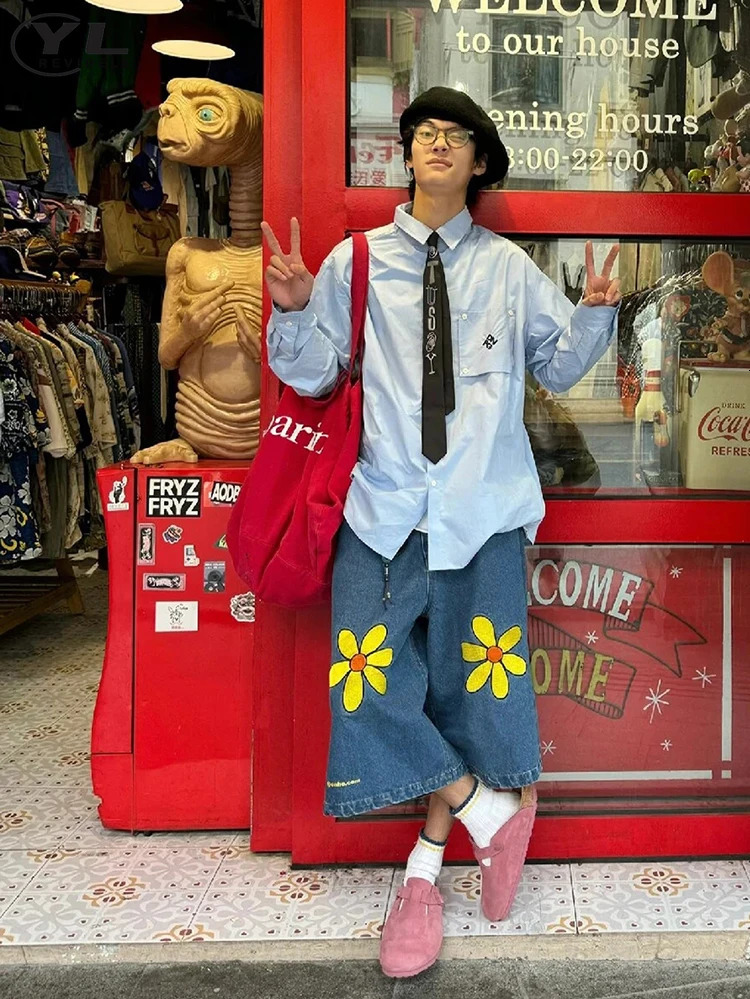 Floral pattern jeans shorts mens summer blue casual bag straight five point pants Y2k fashionable retro wide leg sports 250312