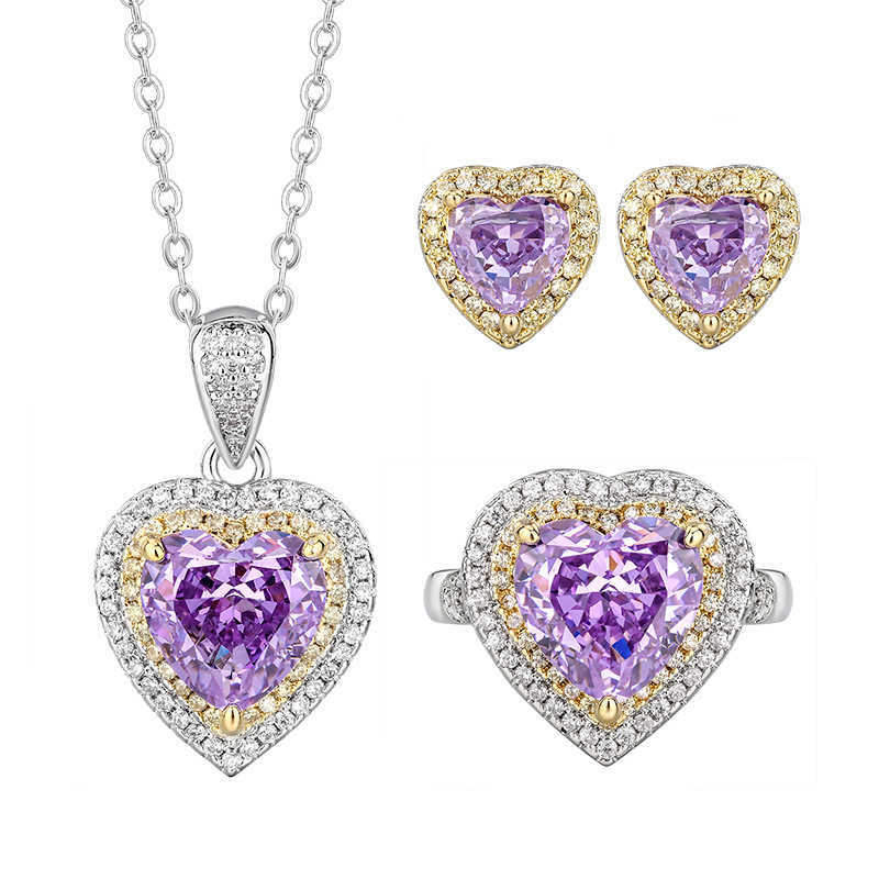 Autumn and Winter New Zhuangsheng High Carbon Diamond Ice Flower Cut Purple Diamond Copper Inlaid Heart Set 10 * 10-6 * 6 W250312
