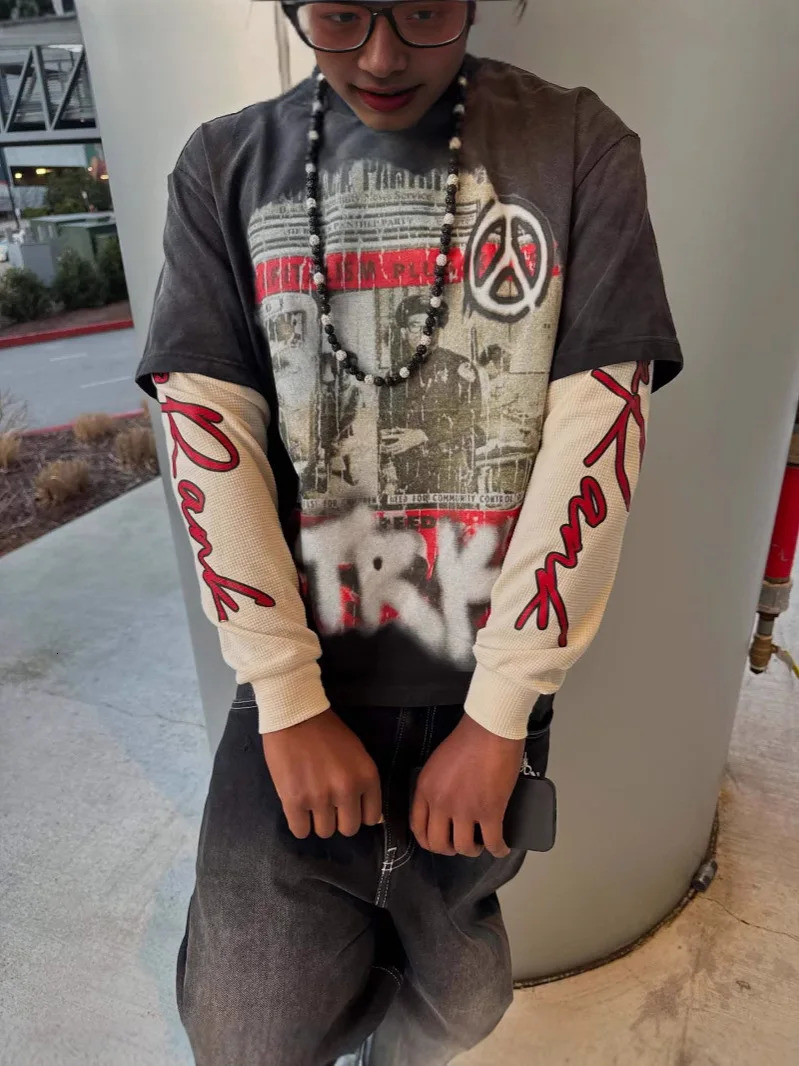 Y2K street graffiti print T-shirt American punk unisex pullover top hip-hop round neck crop top 250310