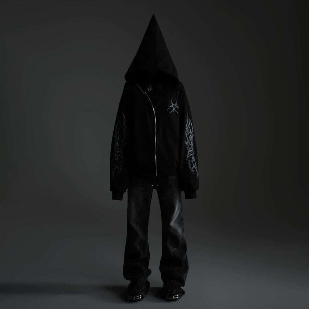 Dark Wind High Printed Diagonal Zipper Halloween Personalized Street Loose Hoodie