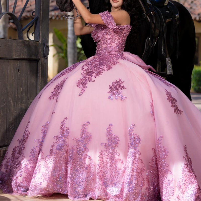 Pink Shiny Quinceanera Dresses Ball Gown Off The Shoulder Sequin Applique Lace Beading Tull Party Birthday Sweet16 Vestidos 15 De Anos