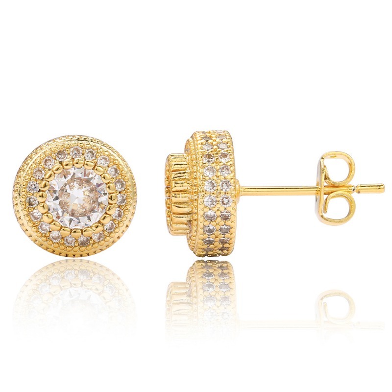Iced Out Cubic Zirconia Stud Earrings Round 14k Gold Silver Hip Hop Earring Hoop Hypoallergenic Jewelry for Woman Man CZ Crystal hiphop Fine Jewelry