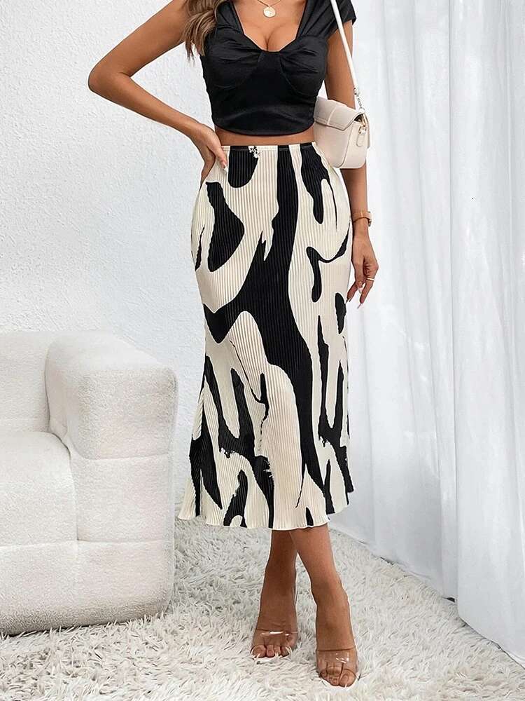 Dr Casual Graphic Print Pleated Long Skirts Women Autumn Fashion Elastic High Waist Geometry Midi Skirt Streetwear 2023