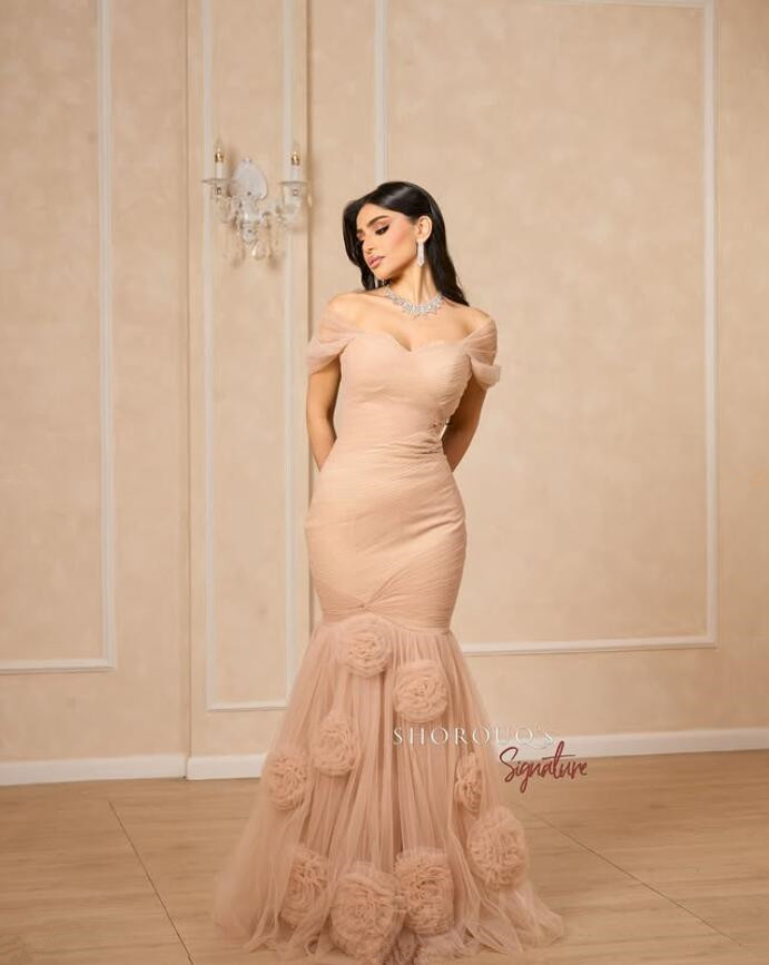 Champane Mermaid Long Evening Dresses Saudi Off Shoulder 3D Floral Ruched Customsized Arabic Dubai Prom Gown Garment