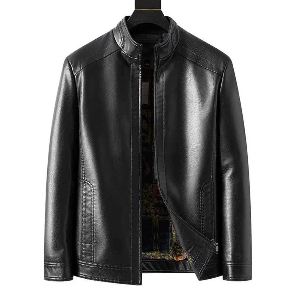 Silky Zipper Jacket Men Stylish Mens Faux Leather Jacket with Standing Collar Zipper Closure Gift for Dad or Boyfriend CasualT250311