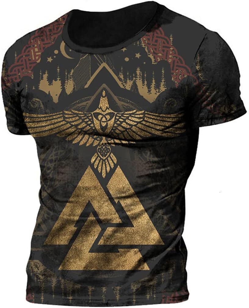 Mens T shirt Viking 3D Digital Print Triangle Knot Raven Pattern T-Shirt, Men's Summer Tattoo Casual Short Sleeve tee Casual tops summer clothes 
