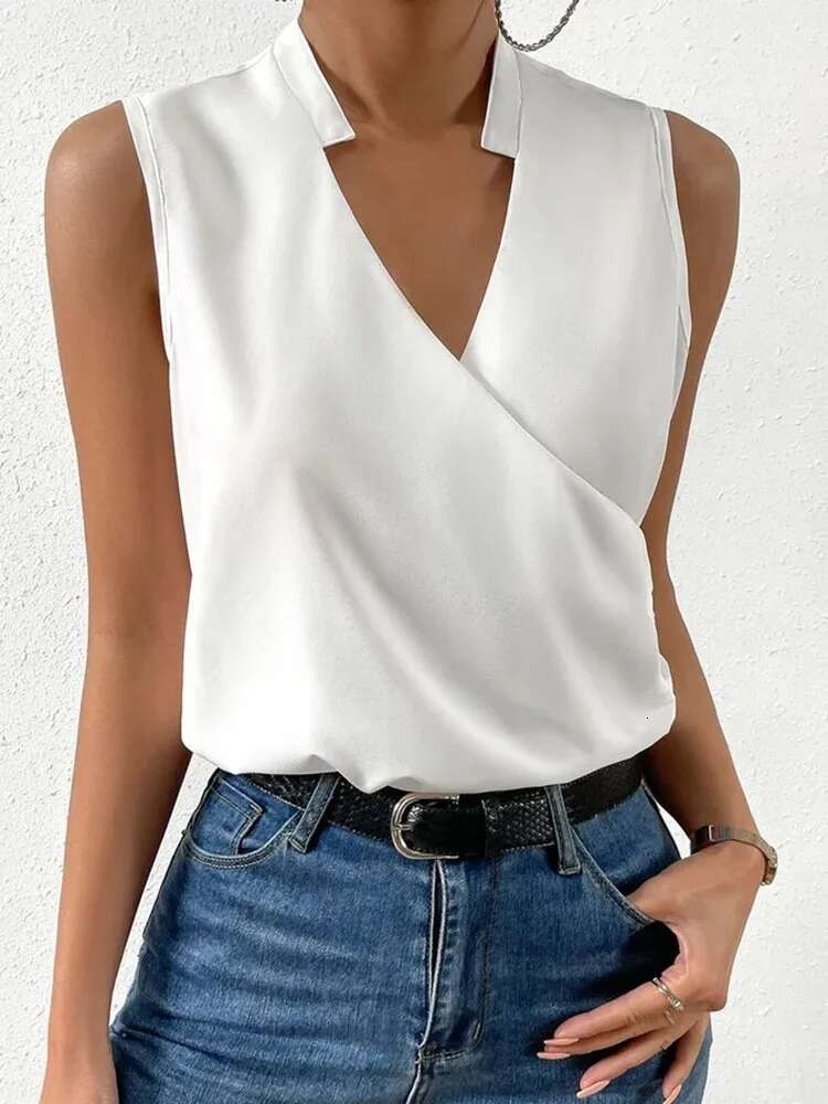 Fashion V-Neck Sleeveless Print Women Tops And Blouses 2024 Summer Casual White Tank Femme Shirt Top
