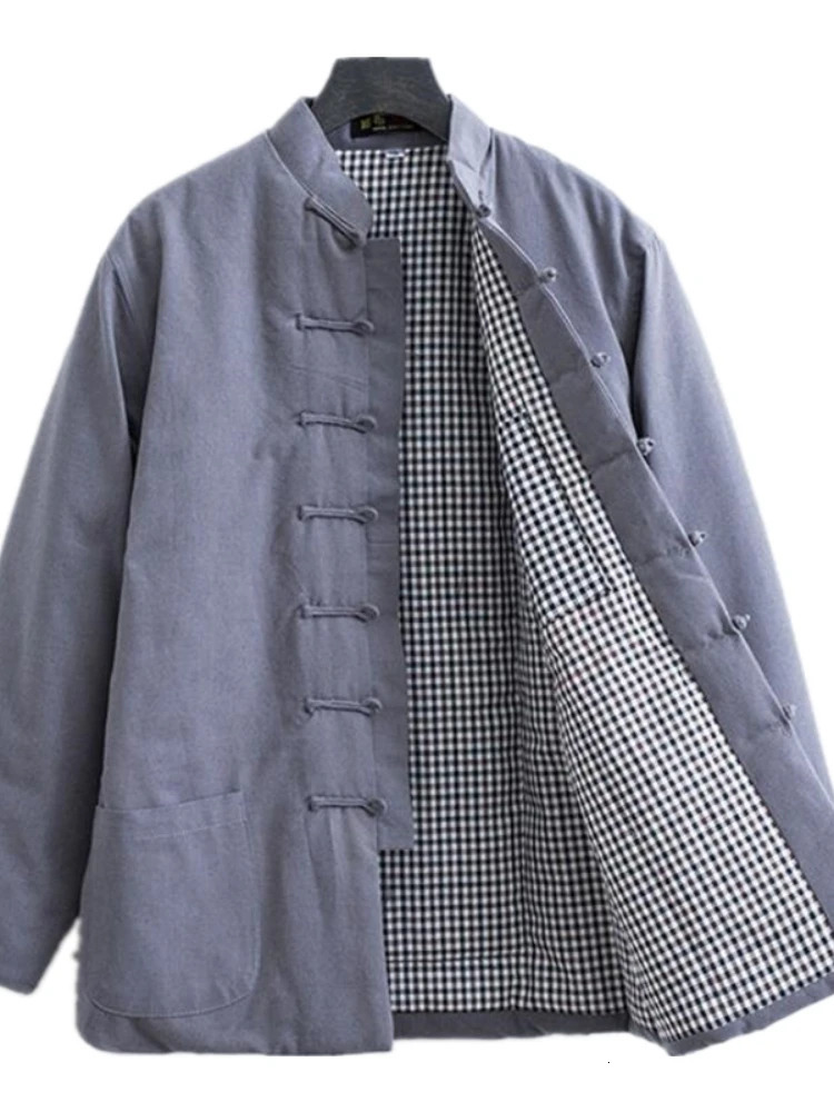 Mens Traditional Chinese Retro Korean Tang Clothing Winter Warm Cotton Jacket Stand up Collar Button Kung Fu Coat 250312