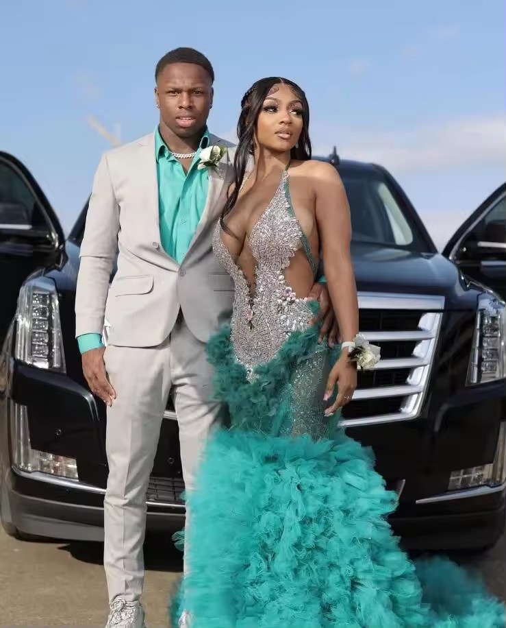 Customsized Turquoise Mermaid Prom Long Dress Sier Dia Crystal Ruffles Skirt Black Girl Birthday Evening Gown vestidos de gala