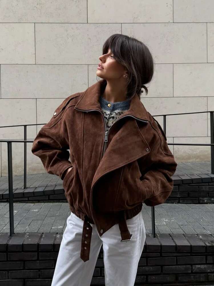 2025 Fashion Lapel Full Sleeve Brown Short Women Jacket Casual Zipper Pocket Suede Cropped Coat Lady New Chic Highstreet Outwear
