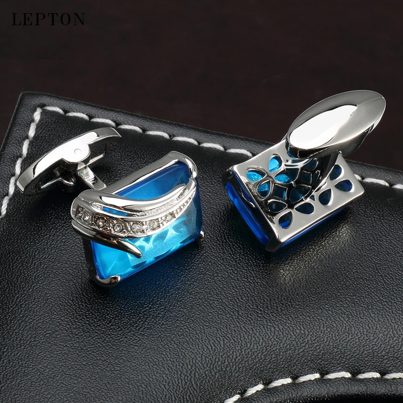 Low-key Blue Glass Cufflinks for Mens Lepton High Quality Square Crystal Cufflinks Shirt Cuff Links Relojes Gemelos 250312