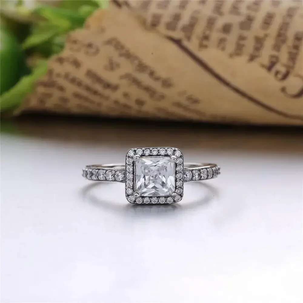 100% 925 Sterling Silver Square Sparkle Halo Rings Clear Cubic Zirconia Shiny 925 Sterling Rings Fashion Gifts