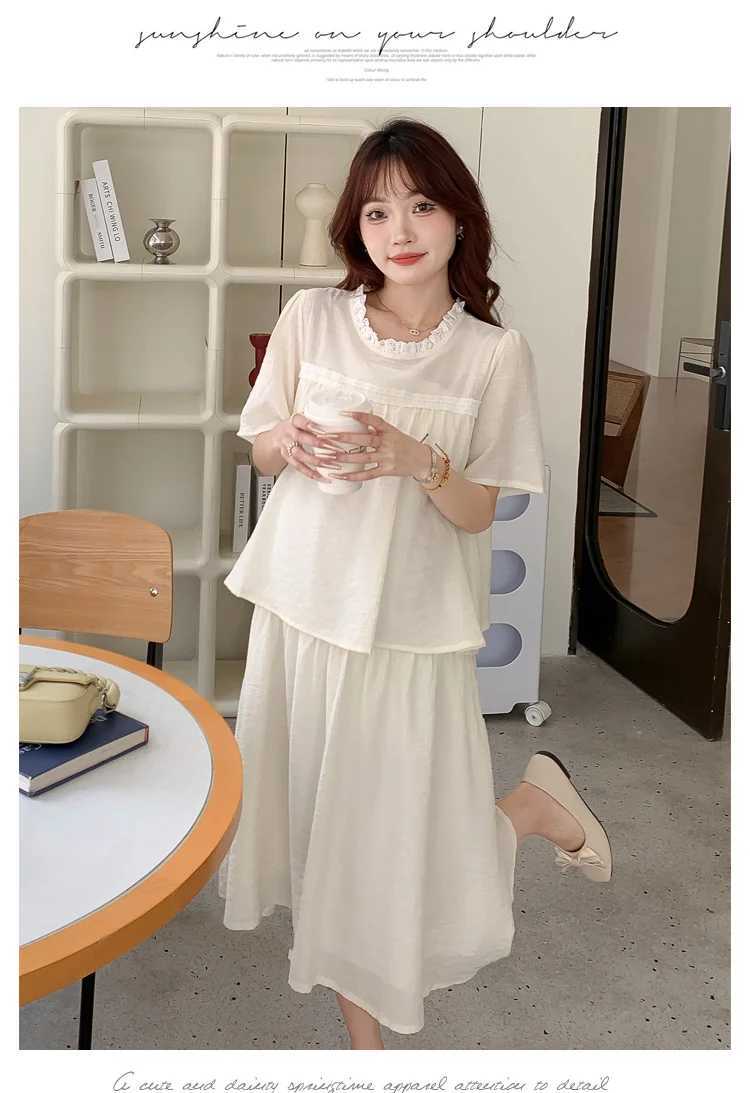 Pregnant Womens Summer Dress Short Sleeve Ruffled Collar Faux Two Pieces Maternity Clothes Sweet Pregnancy Midi Dress WholesaleT250311