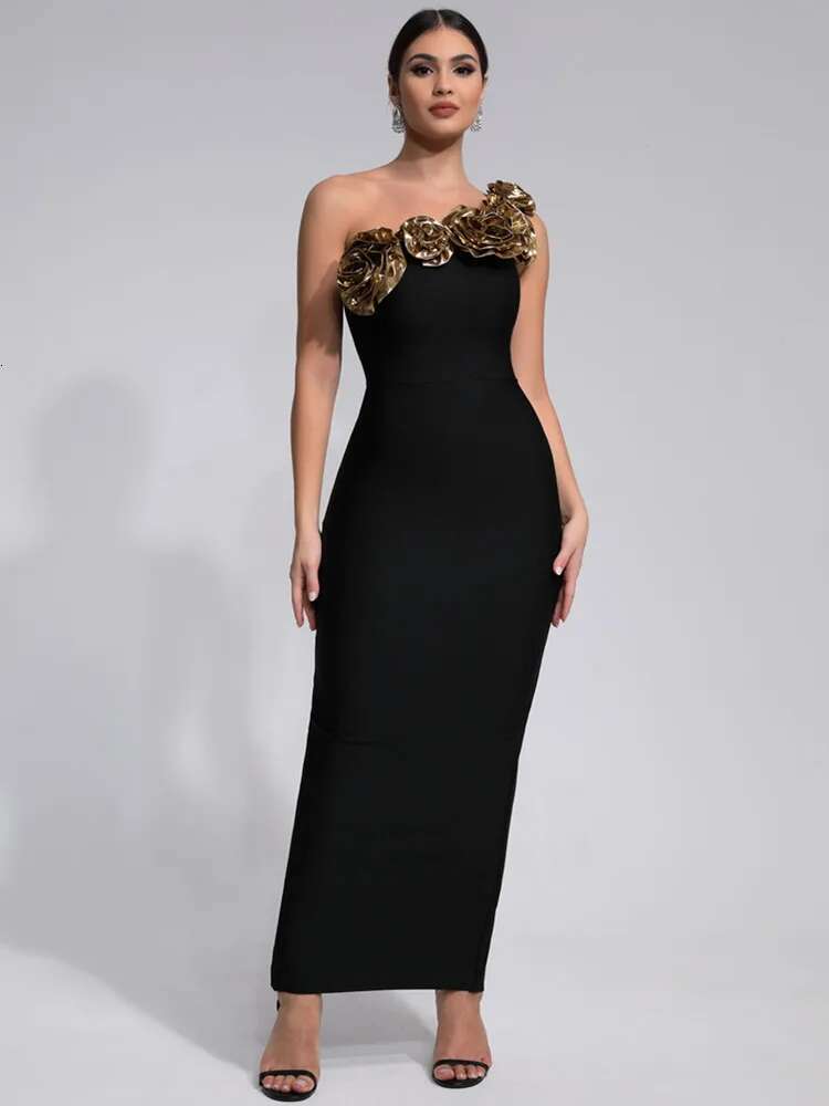 New Women Celebrity Sexy One Shoulder Wer Black Maxi Long Bandage Dress 2024 Knitted Elegant Evening Club Party Outfit