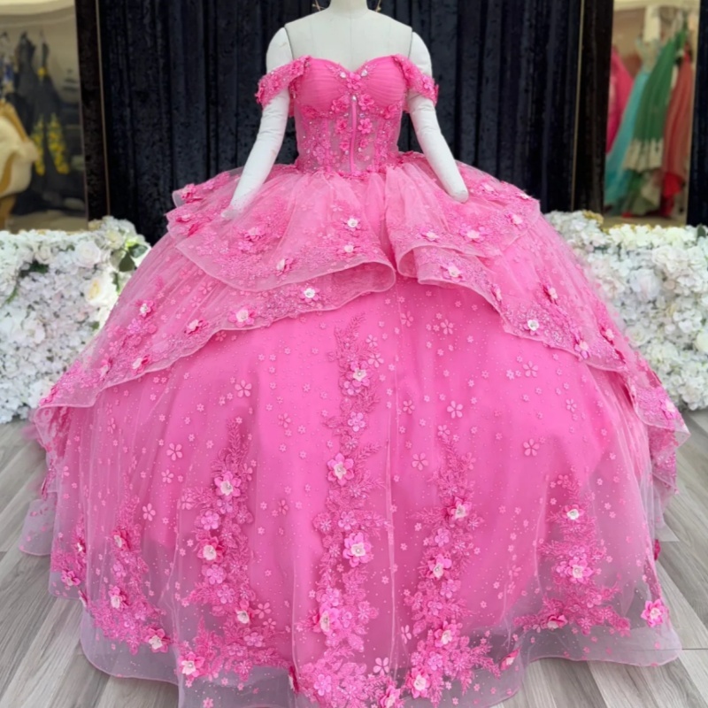 Pink Shiny Off Shoulder Quinceanera Dresses Applique Lace Beading Crystal Tull Party Birthday Sweet 16 Dress Vestidos 15 Anos