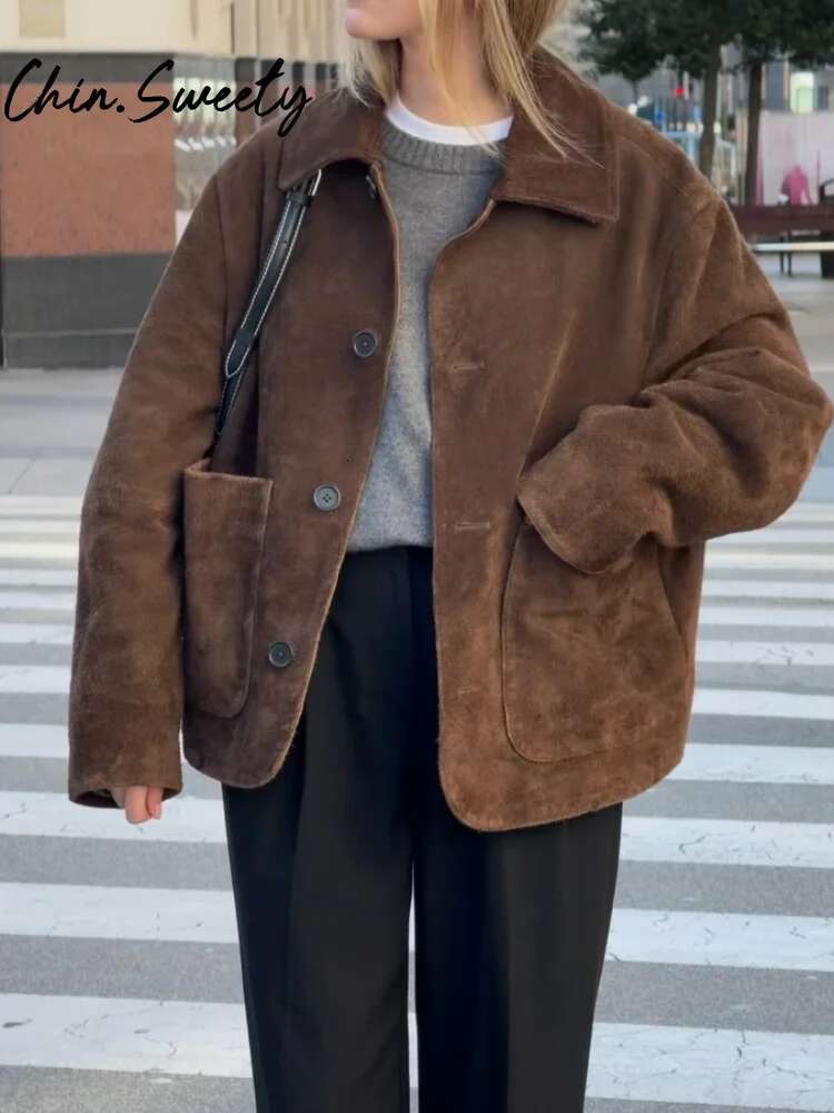 Casual Suede Brown Women Jacket Vintage Lapel Button Long Sleeve Pocket Female Coat 2025 Spring Autumn Lady Urban Streetwear