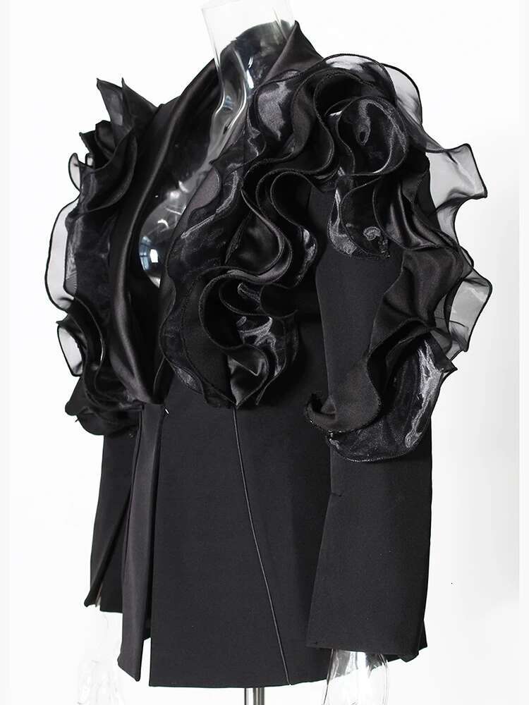 YERMORA Spliced Mesh Ruffles Casual Blazer For Women Lapel Long Sleeve Fashion Tide Loose Fit Jacket Spring Autumn 2025 New A165