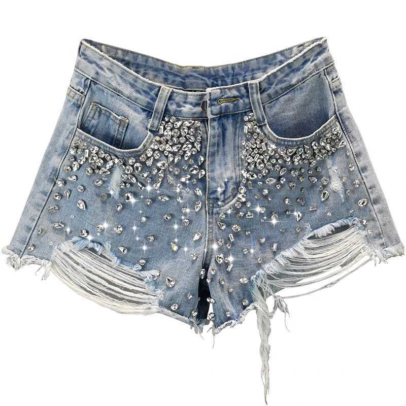 Open collar wide leg denim shorts for womens 2023 summer new high waisted Exquisite Rhinestone hot pants for womens shirts jeans shorts X250312
