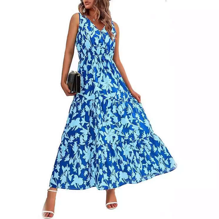 popular European American women's V-neck elastic waist casual sleeveless printed dress 2025 new style chic and elegant clothing
