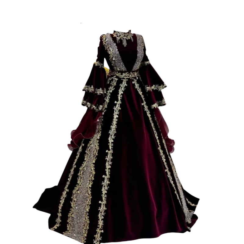 Elegant Moroccan Kaftan Muslim Burgundy Velvet Prom Dresses Long Sleeves High Collar Formal Occasion Gowns Beads Gold Appliques Floor Length Arabic Ev