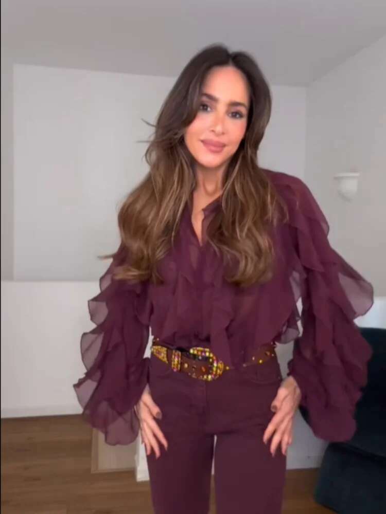 Fashion Women V Neck Ruffles Lantern Long Sleeve Shirt Elegant Solid Mesh Single Breasted Blouse 2025 Commute High Street Outfit