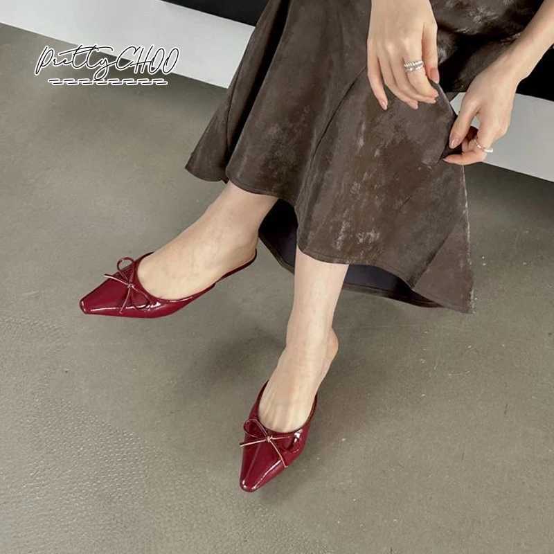 hot Patent Leather Bowknot Me Slides Wan Pointed Toe Kitten Heel Pump Sandals Ladies Bright Color ning Party Dress Shoes Z250311