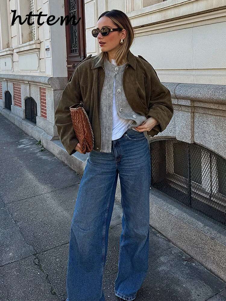 Street Women's Suede Bomber Jacket Fashion Lapel Zipper Full Sleeve Female Coats 2025 Spring Lady Casual Commute Vintage Outwear