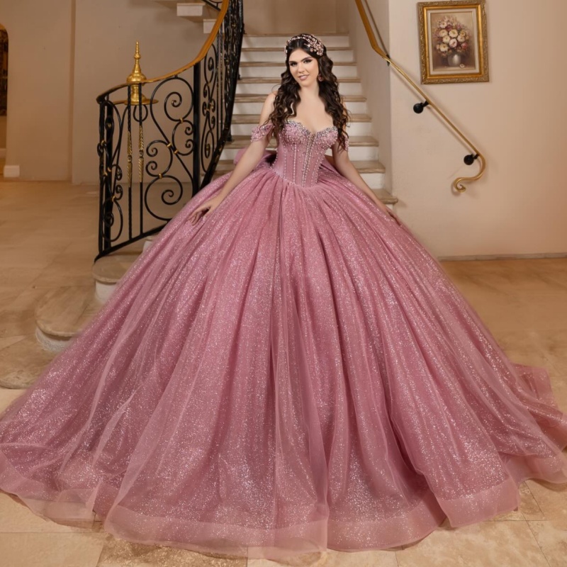Pink Shiny Quinceanera Dresses Ball Gown Off The Shoulder Beading Crystal Bow Tull Party Birthday Sweet 16 Dress Vestidos 15 Anos