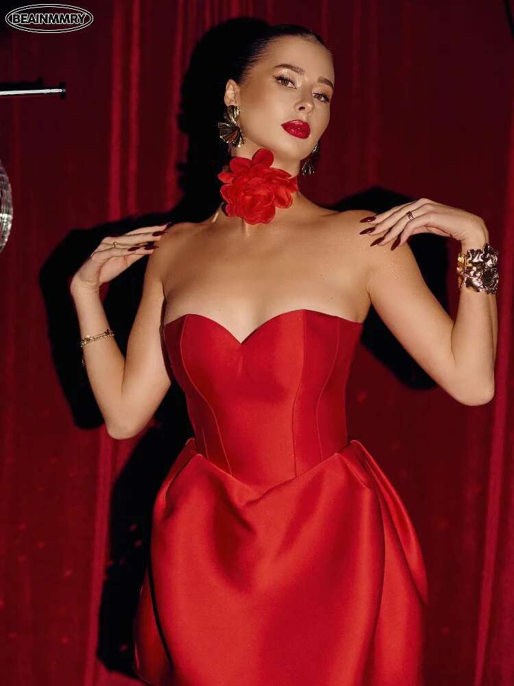 Sexy Red Strapless Puff Hem High Waist Party Mini Dress Women Autumn Winter Sleeveless Backless Slim Dresses 2025 Chic Lady Gown