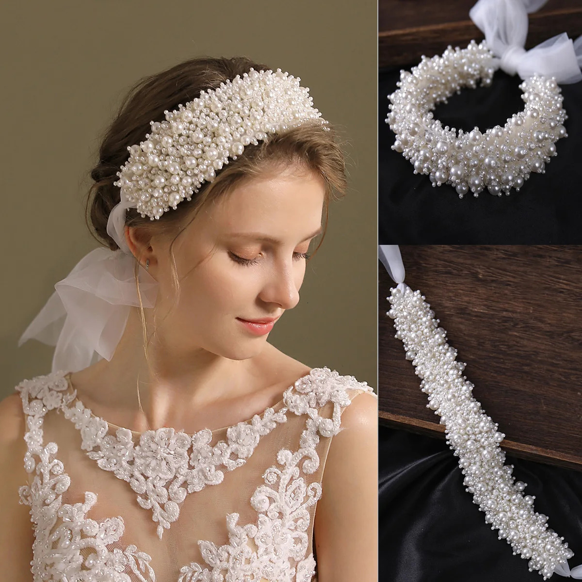 Elegant wedding accessories handmade white pearls Headband Hair Chain Wedding Style Women Hair Styling Jewelry 250310
