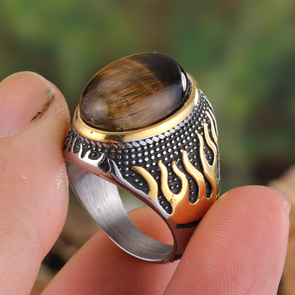 Hip Hop Vintage Big Stone Inlay Casting Ring Stainless Steel Gold Plated Mens Jewelry