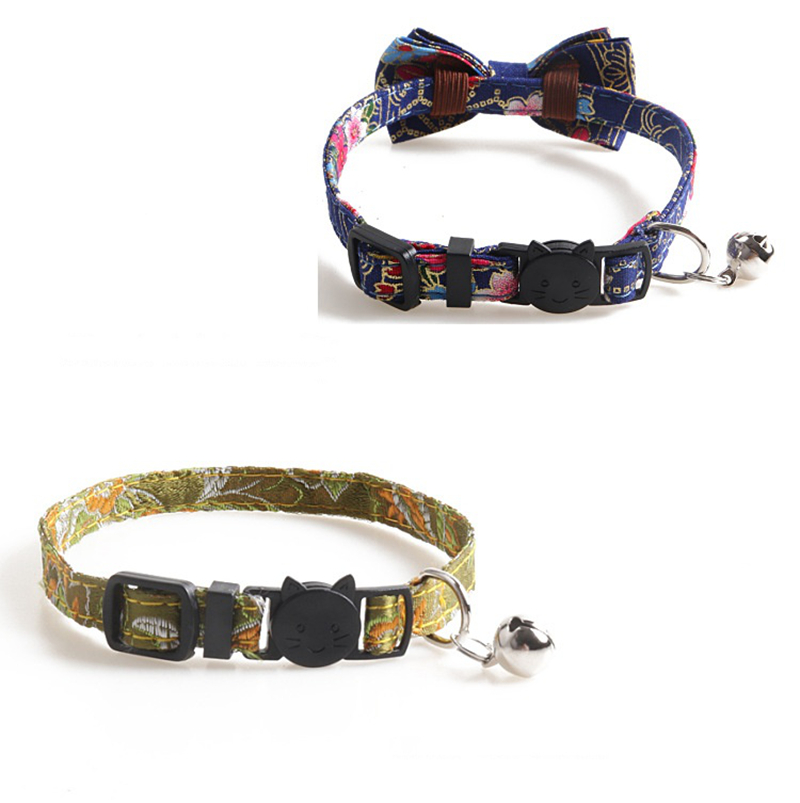 Summer Cat Bow Tie Collar with Bells, Chinese Style Embroidery Pattern Kitty Kitten Collar for Girls and Boys Cats Breakaway Adjustable Collar Blue B8