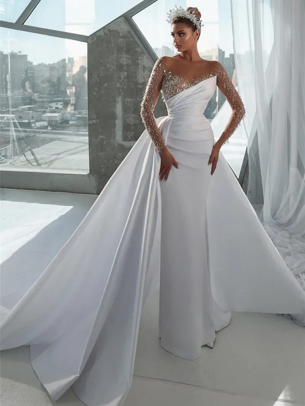 Luxury Mermaid Wedding Dress Beaded Crystal Lace O Neck Bride Gowns Long Sleeve Detachable Sweep Train Bridal Dresses Customized