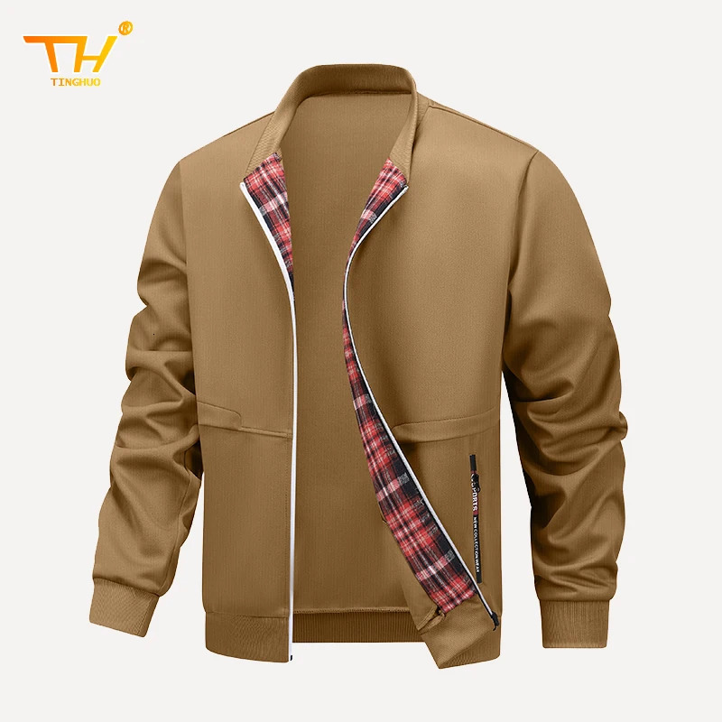 Mens Jacket SpringAutumn Casual Checkered Zipper n Fashion Collar Training Jogging Gym Coat 250312