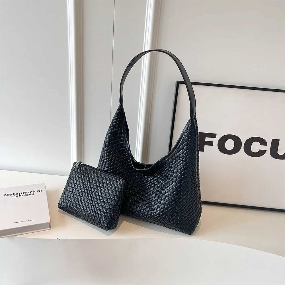 Women Large Shoulder Bag with Pouch Top Handle Bag Trendy PU Woven Tote Bag Leather Armpit Handbag Commuting BagC250311