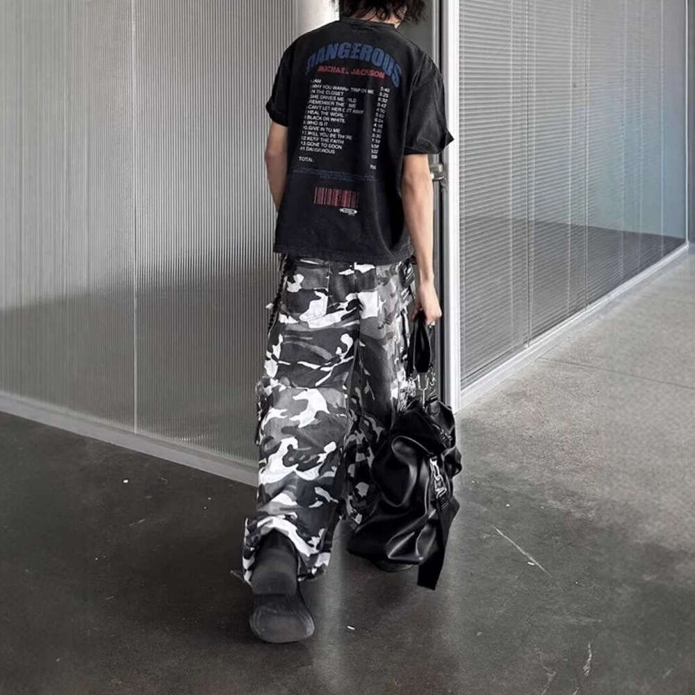 Cargo Black And White Camouflage Denim Spliced Waist Multi Pocket Shell Work Pants Y2k