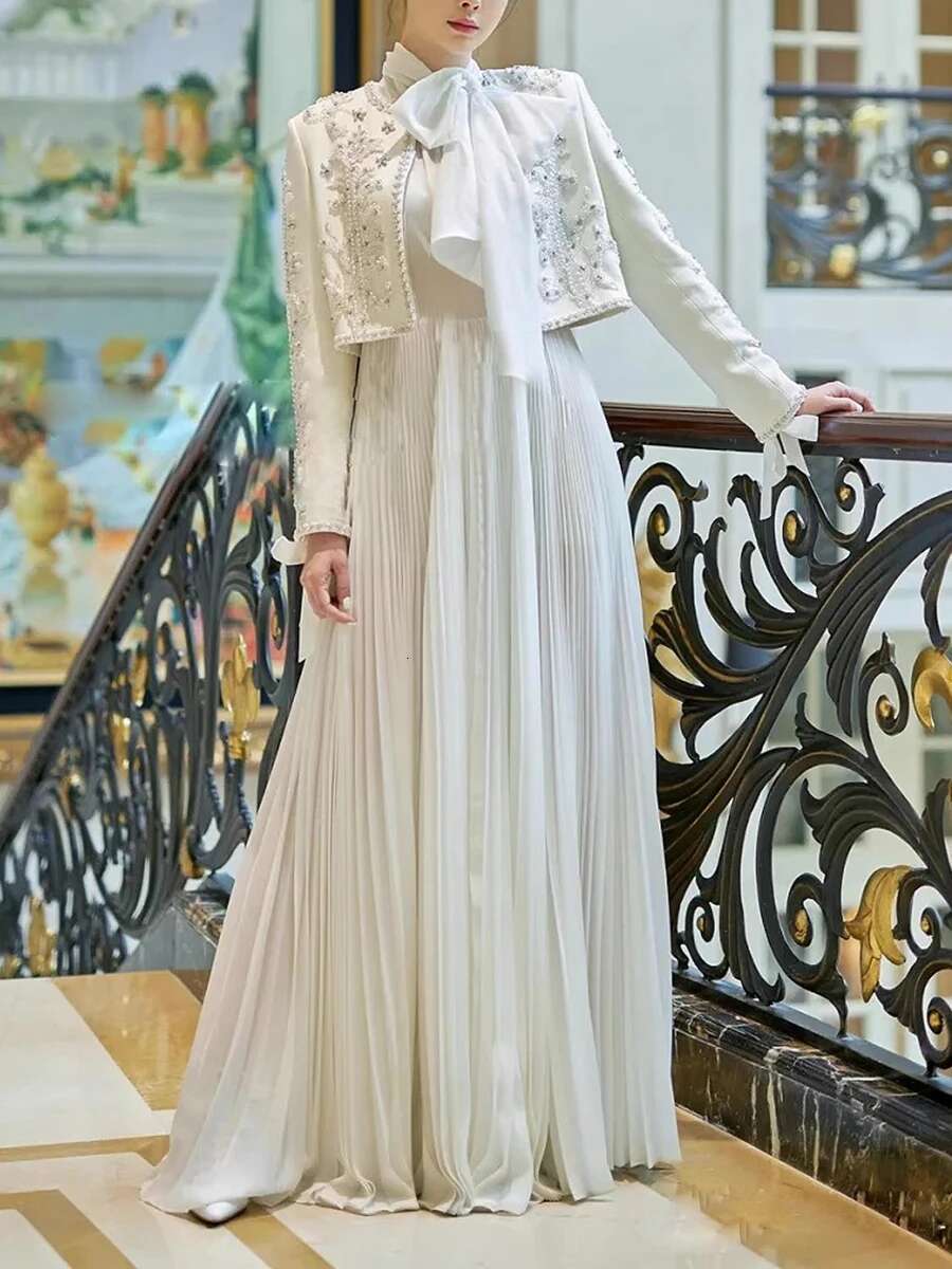 TWOTWINSTYLE Solid Two Piece Set For Women O Neck Sleeve Coat Scarf Collar Sleeveless High Waist Long Dress Female Fashion