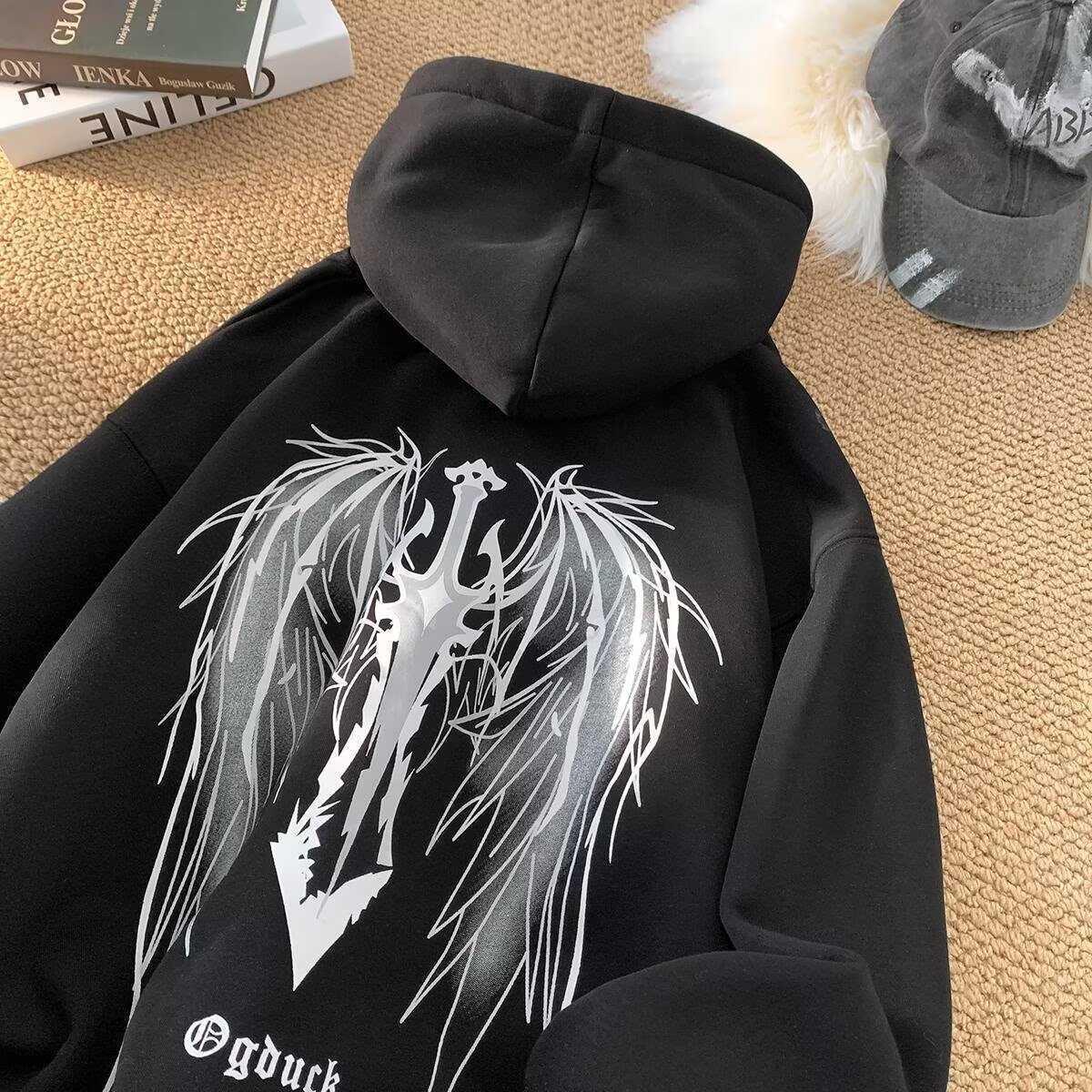Night Light Hooded Sweatshirt for Men Autumn and Winter with Thick Velvet Loose Fit Teenagers American Couple Jacket