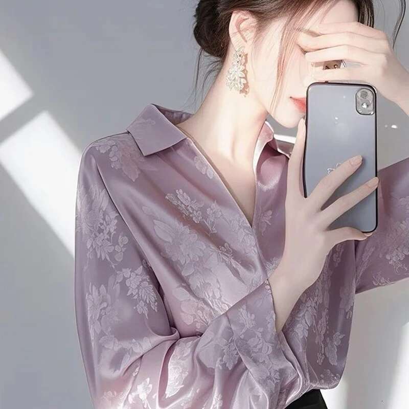 2025 Spring New Elegant Satin Jacquard Shirts Ladies Fashionable V-Neck Long Sleeve Blouse Women Clothing All-Match Top Tee