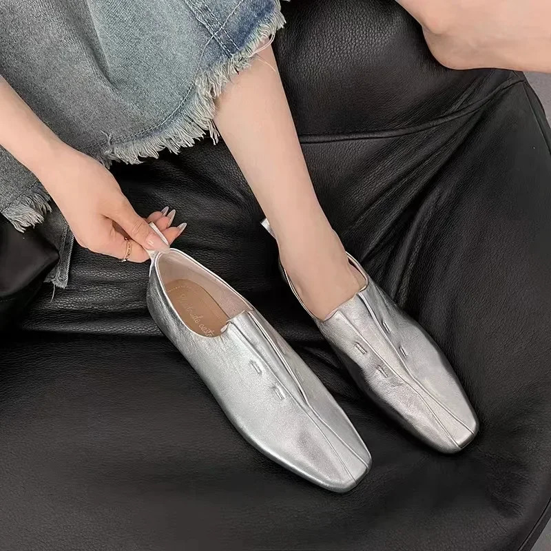 2024 Women Flat Shoes Leather Comfort Flats Slip on Silver Beige Simple Shoes Spring Autumn Soft Loafers Square Toe 250305