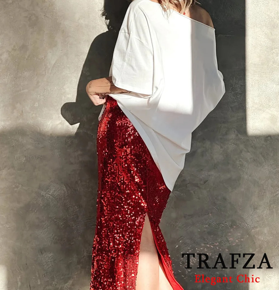 TRAFZA Women Elegant Red Sequined Midi Skirt Hip Wrap Slim Spring Summer High Street Party Date Holiday 250311