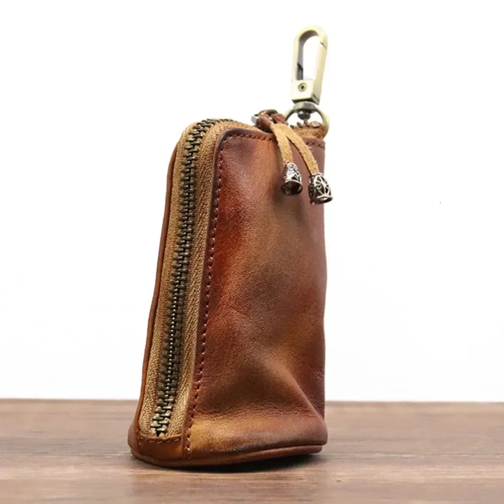 mens leather keybag keychain holder fashionable zipper home storage bag dual key bag mens car bag 250311