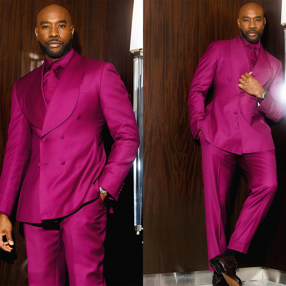 Men Suits Wedding Tailor-Made 2 Pieces Suit Tuxedos Shawl Lapel Unique Design Groom Blazer Double Breasted Pants Prom Evening Party Custom Made