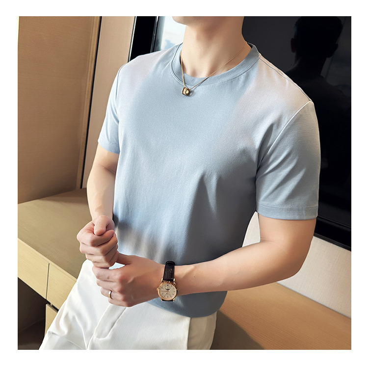 Liquid ammonia short sleeved round neck T-shirt for men, breathable and cool, cotton solid color men's style, summer stretch antibacterial tracks
